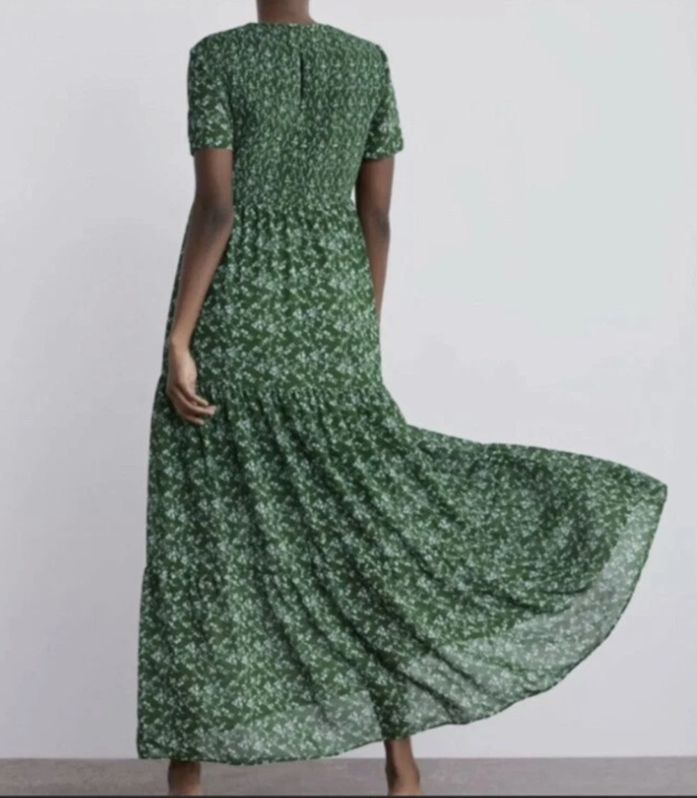 ZARA Green Smocked Floral Print Tiered Maxi Dress Size Small Cottagecore Prairie